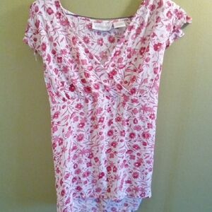 Womans XL Oh! Mamma Fitted White and Pink Cap Sleeve Blouse Floral Maternity Top